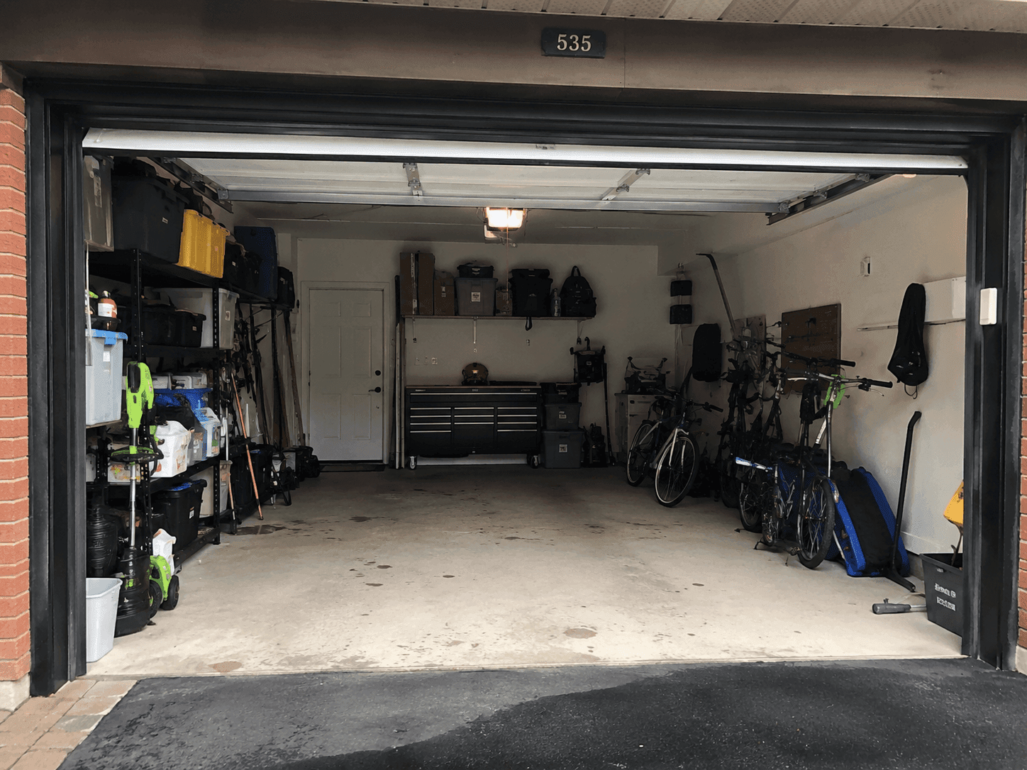 The garage, doors open