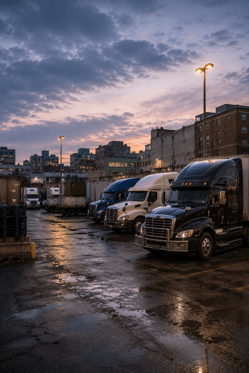 A five ton box truck parked in the marked bay, gate and fencing behind it.