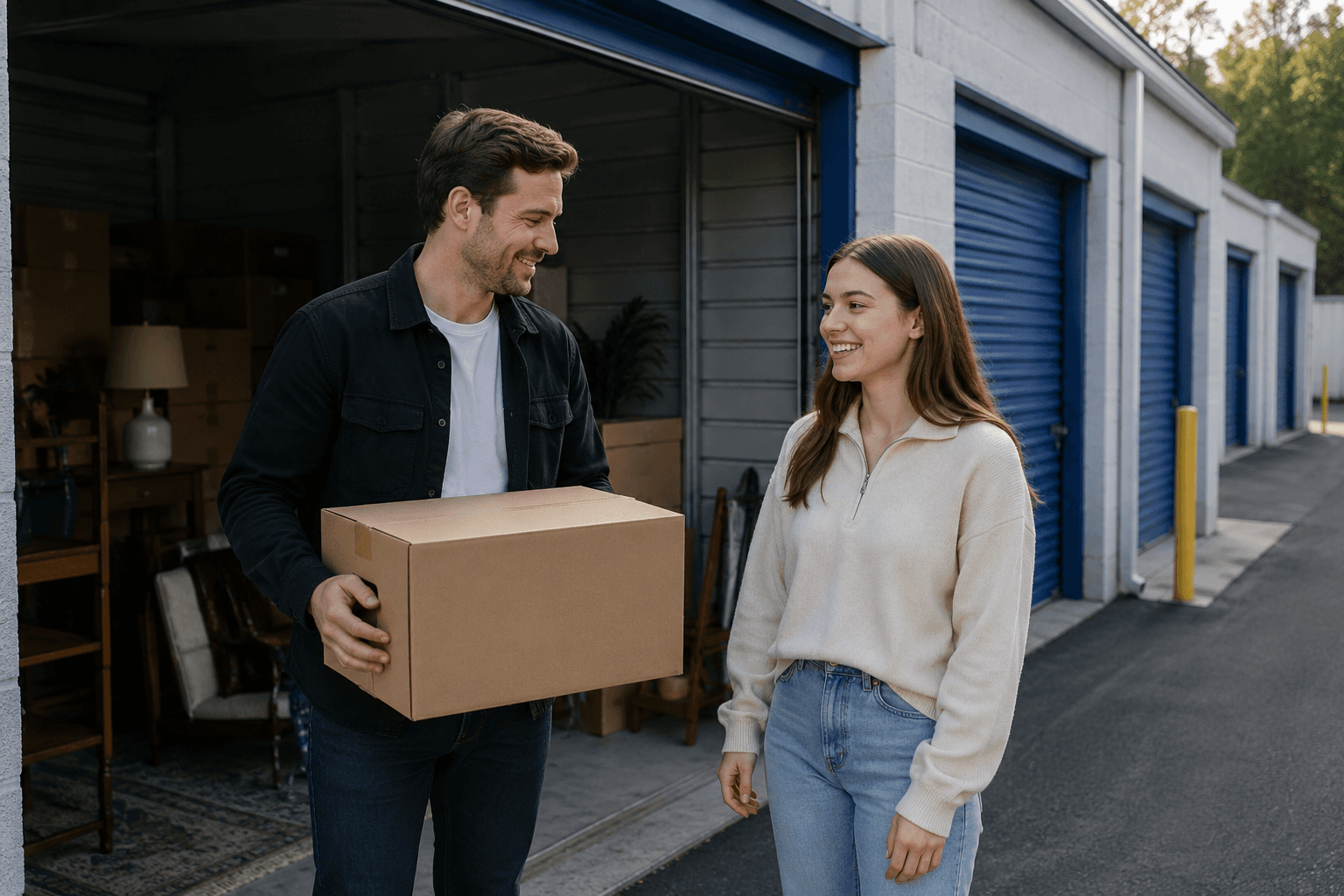 A host and a renter with a box outside a row of storage garages