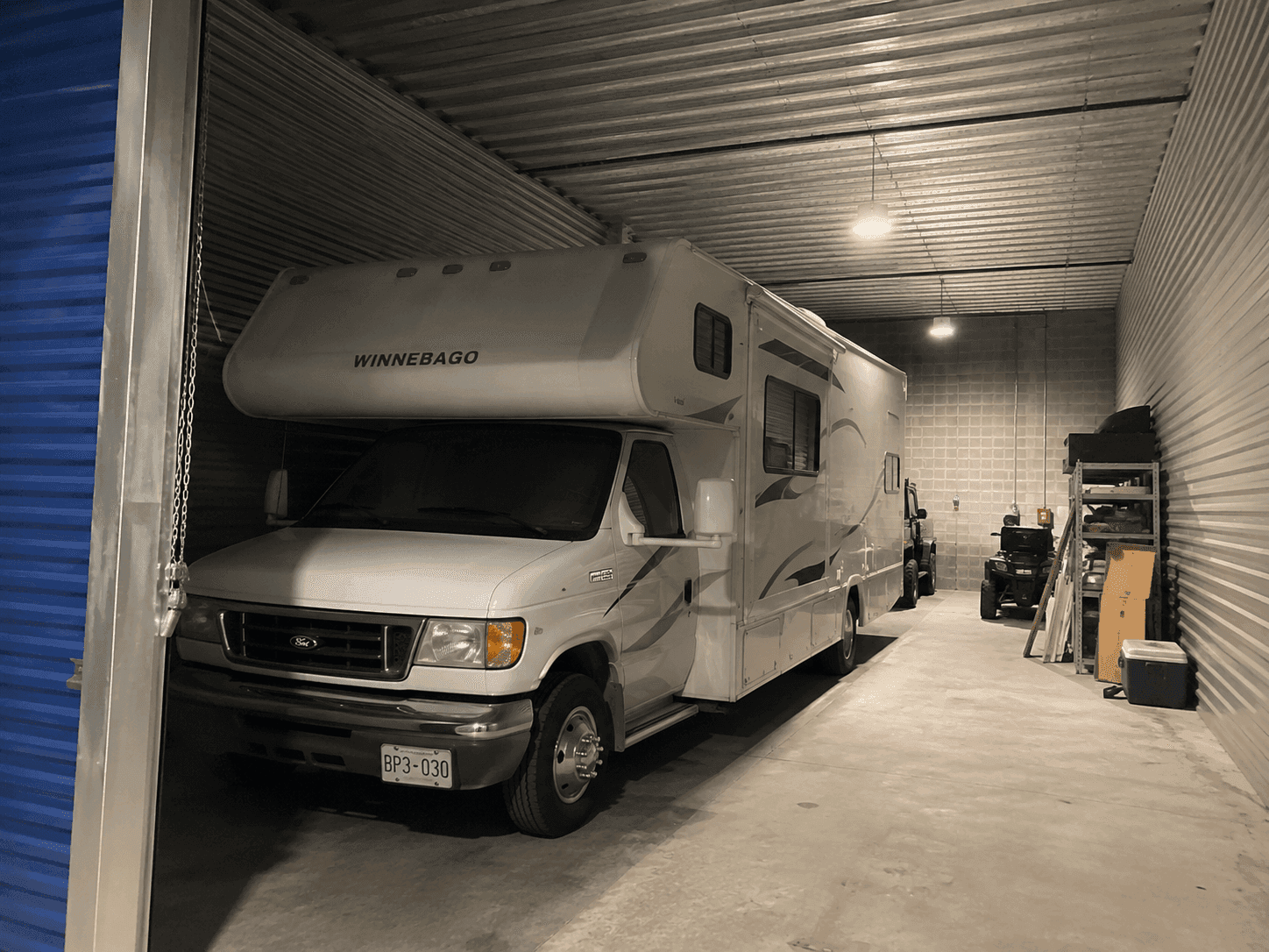 Motorhome under cover in the barn