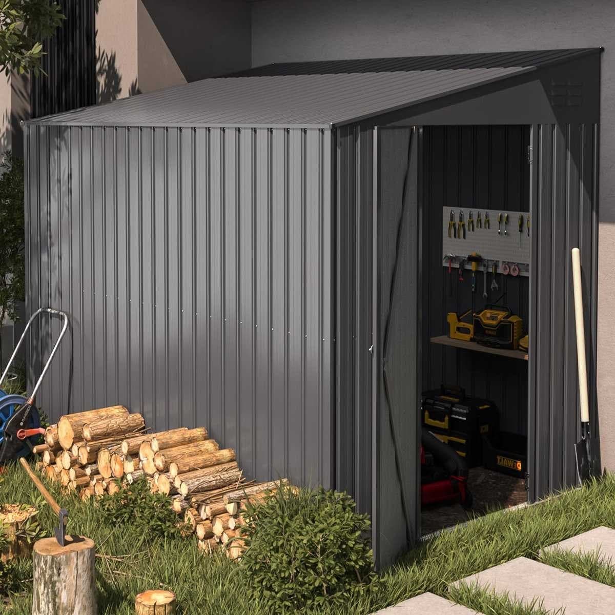 Small metal storage shed for tools & equipment